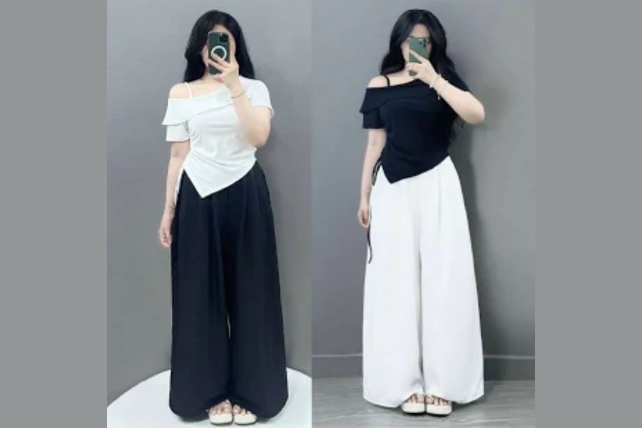 Quần ống suông kết hợp với áo lệch vai