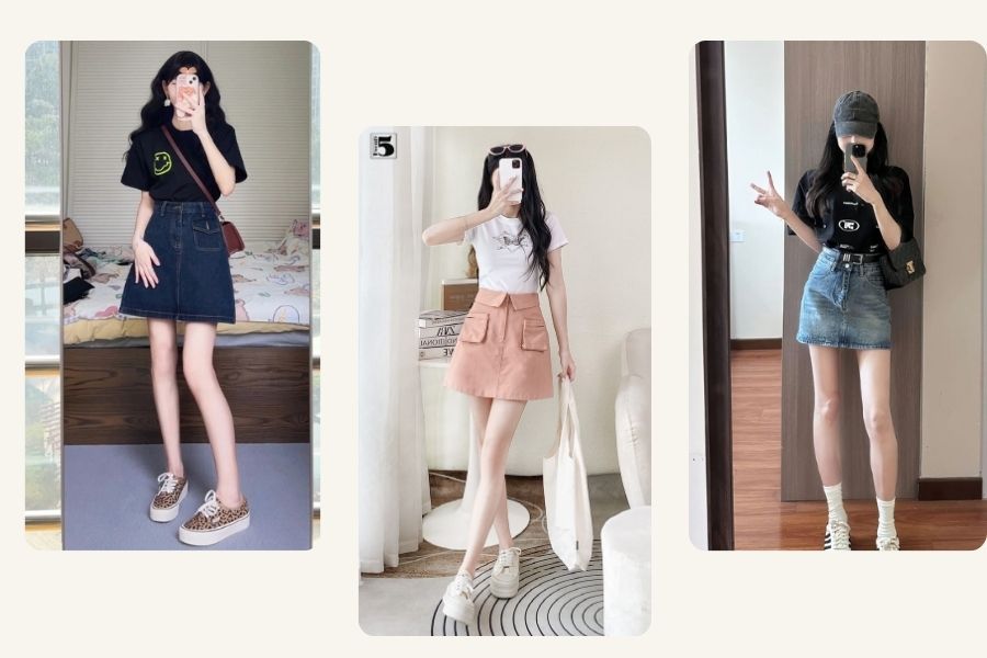 Phối đồ với chân váy cho nấm lùn