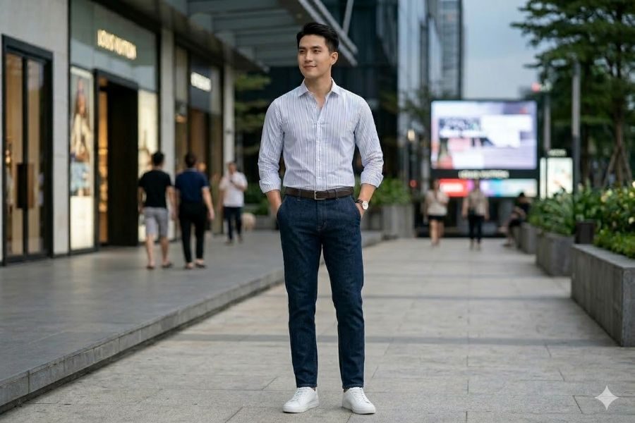 Áo sơ mi kẻ sọc với quần jean