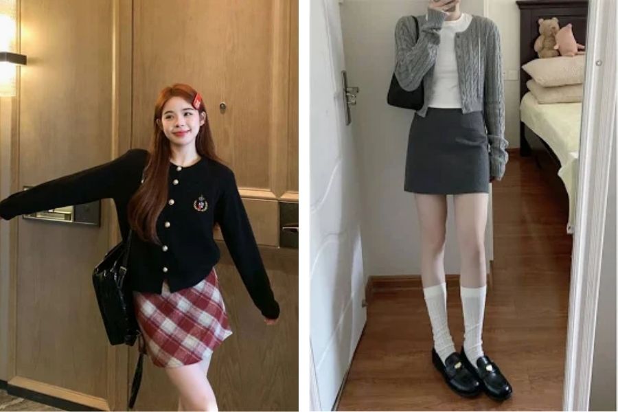 Cách mix áo cardigan ngắn cùng chân váy chữ A trẻ trung