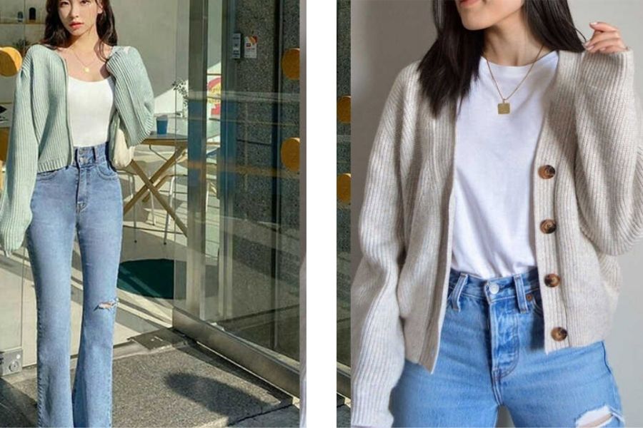 Cách mix áo cardigan ngắn với quần jean cạp cao