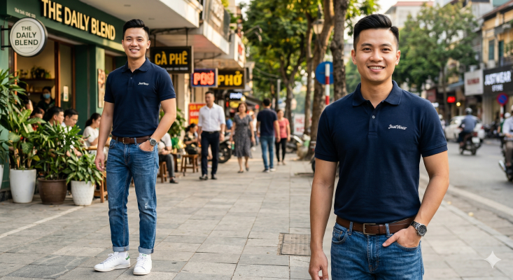 Two men in navy polo shirts